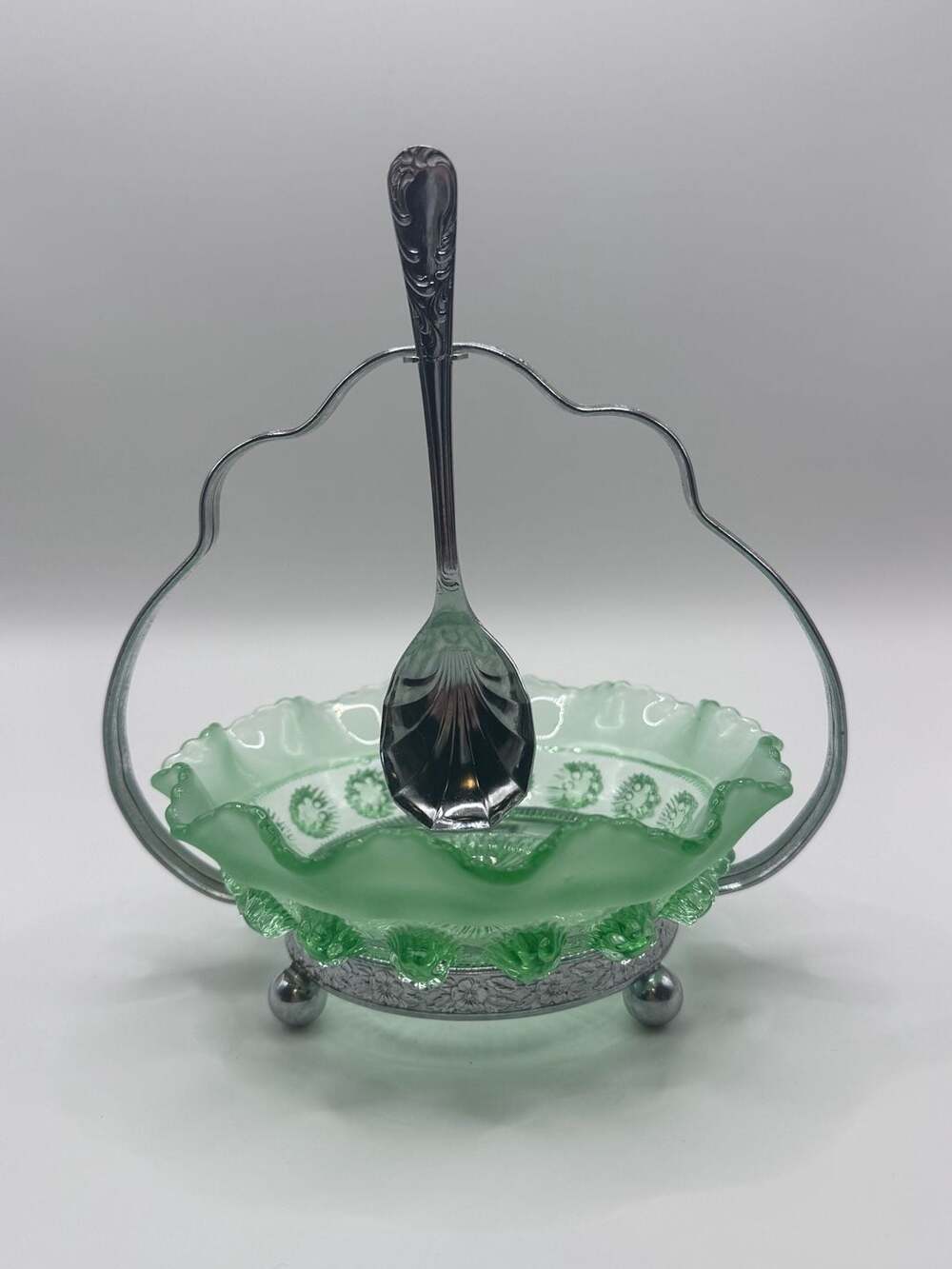 Vintage Art Deco Green Depression Glass Jam or Condiment Dish with Ornate Metal